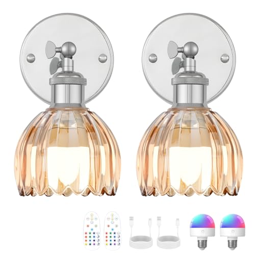 Image of Vintage Battery Operated Wall Sconce, Amber Tulip Glass Lampshade Wireless Rechargeable Battery Powered LED Wall Light with Remote Dimmable for Bedside Bedroom Living Room, Silver, Set of 2