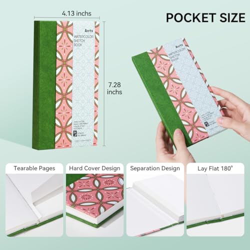 Arrtx Watercolor Journal, 7.28x4.13'', 140 LB, 300 GSM, 100% Cotton Paper, Hot Press, 24 Sheets, Hardcover Watercolor Sketchbook for Use As Travel Notebook for Artists Adults Students image 11