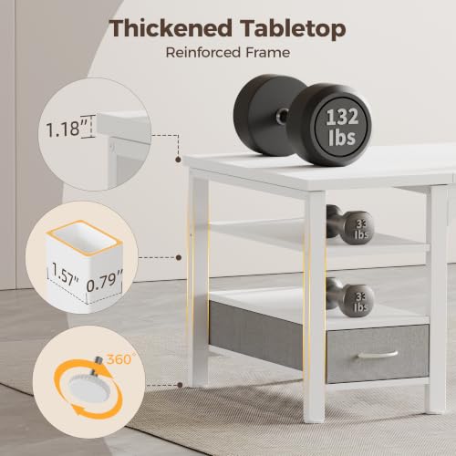 Image of Mericonia 54 inch Computer Desk with Drawer, 1.2 inch Thick Reversible Office Desk | Modern Writing Table with Power Outlets & Storage Shelves, Heavy Duty Industrial Executive Desk for Home Bedroom Study Work