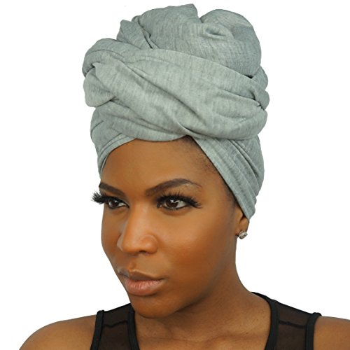 Stretch Head Wraps for Women | Extra Long Jersey Knit Turbans| Soft Cotton African Head wrap Scarf | HEATHER GREY