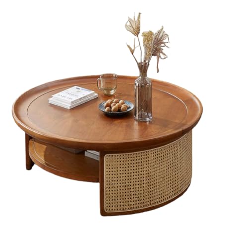 Image of Rattan Coffee Table - Cane Center Table with Shelf for Storage - Bohemian Solid Mango Wood Coffee Table for Office and Living Room - Round, 32 inch x 32 inch x 16.5 inch, Honey Finish