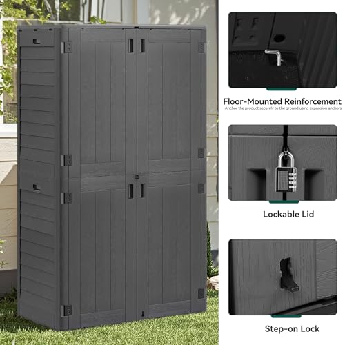 Image of YITAHOME 60 cu ft Tall Outdoor Storage Shed w /o Shelf, Resin Vertical Outdoor Storage Shed, Large Waterproof Storage Cabinet for Garage, Poolside, and Garden (Dark Gray + Black)