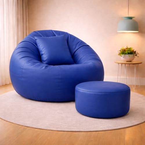 Image of 4XL Tear Drop Bean Bag with Footrest & Cushion | Premium Leatherette Bean Bag Cover | XXXXL Lounger Chair for Living Room | Without Beans | Upto 150 Kg (Blue, XXXXL)