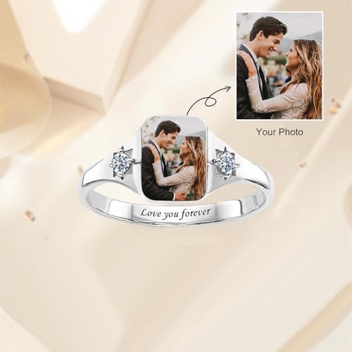 BAUMA AUTO Personalized Photo Ring Couple Picture Ring with Birthstone Custom Promise Rings Anniversary Jewelry Gift for Women Her2