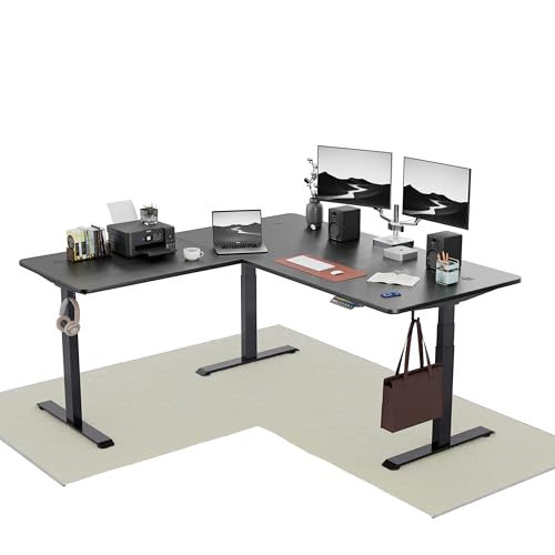 Image of Intellidesk Studio L Shaped Standing Desk Corner Electric Height Adjustable Standing Desk, Sit Stand Computer Workstation with 3-Stage Triple Motor System (Black+Black, 70(M) * 30 * 70(R) Inches)