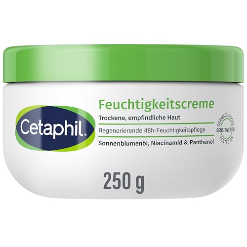 Cetaphil Feuchtigkeitscreme, 250 g, Für trockene, empfindliche Haut, Spendet intensiv 48h Feuchtigkeit und stärkt die Widerstandskraft, Mit Vitamin B3,Provitamin B5, Sonnenblumenöl,Mandelöl,Glycerin