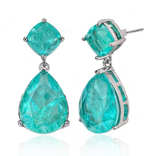 Paraiba Tourmaline Vintage Teardrop Dangle Earrings, Bridal Bridesmaids Statement Drop Jewelry for Women, Wedding Prom 2025 Trend, Silver-plated Metal Emerald Gemstone, Big Cocktail Fine Party Gift