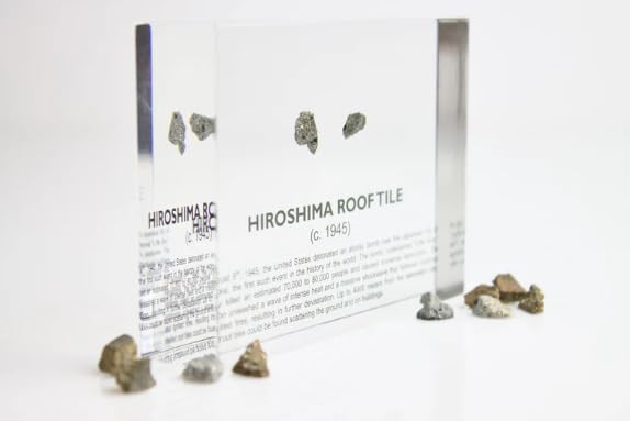 Image of Authentic Hiroshima Tile Artifact Display, Encased in Crystal-Clear Lucite Acrylic, Handmade in the USA, From Hiroshima Site, For Display or Education Purposes, Unique World War II Relic