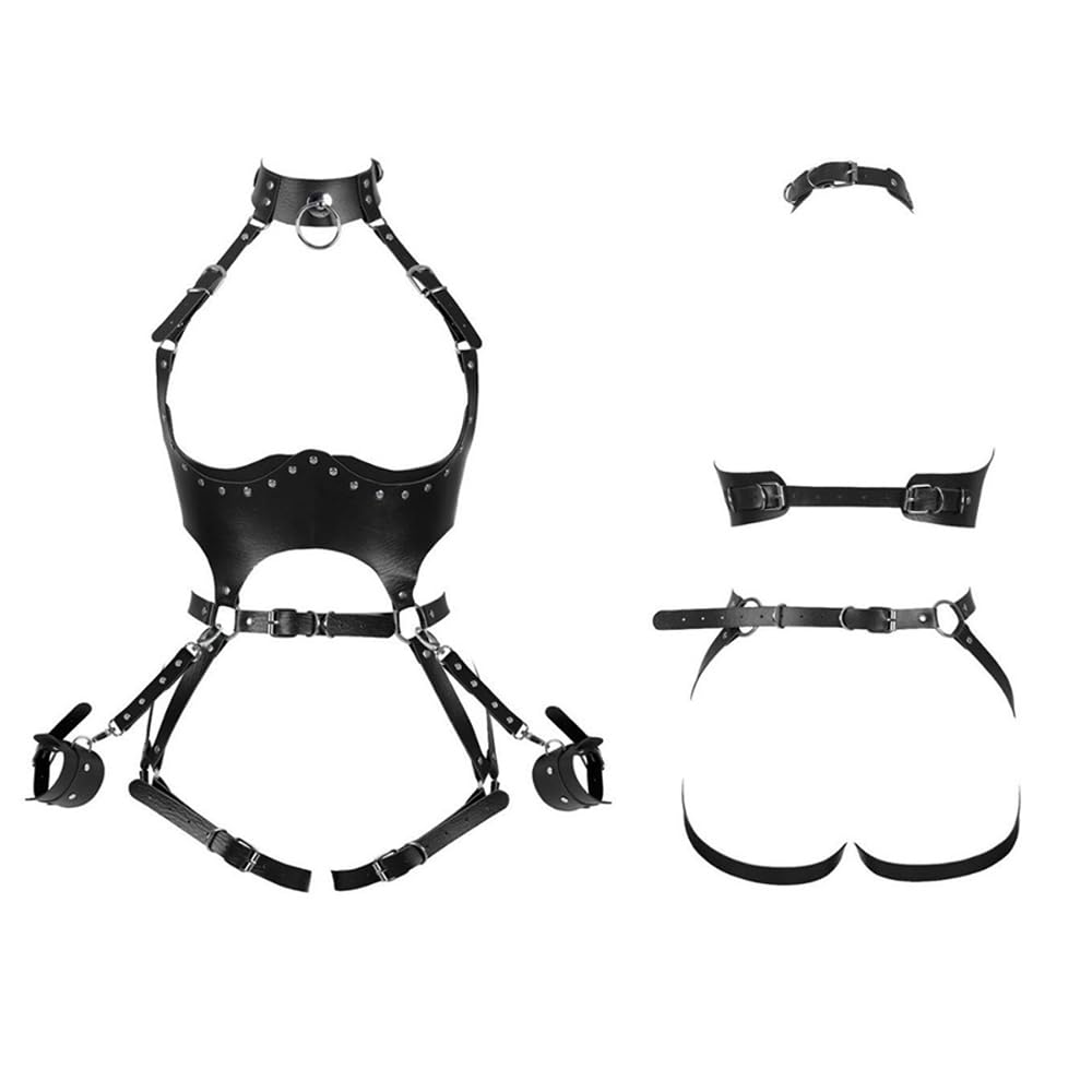 Harnais Femme Punk Sangles de Poitrine en PU Cuir avec Collier Gothique Sexy Lingerie Réglable pour Rave Boîte de Nuit Cosplay(Noir#2)