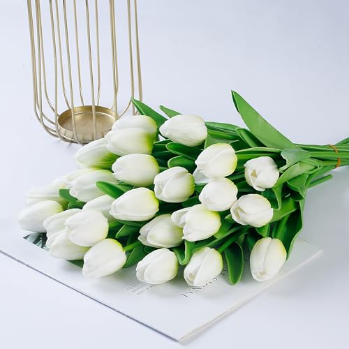 Image of Sggvecsy 30 Pcs Fake Tulips Artificial Flowers Real Touch PU Faux Flowers Tulip Stems for Wedding Spring Bouquet Floral Arrangement Home Party Office Decorations for Mother's Day (Green White)
