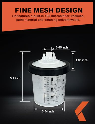 Image of KREFINISH Disposable Paint Sprayer Mixing Cup Liners and Lid System for HVLP Spray Gun,Car Paint Gun 20 Ounce(600ml)Kit with 40 Cups Liners,40 Lids with Strainer,1 Hard Cup with Retainer Ring,20 Plugs