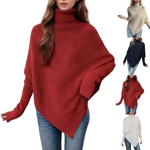 HGps8w Women's Long Sleeve Turtleneck Knit Sweater Asymmetric Hem Oversized Fall Winter Sweaters Casual Pullover Jumper Tops2