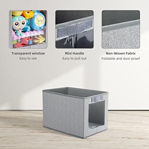 DIMJ Foldable Storage Boxes with Transparent Window Fabric Collapsible Storage Bin Basket with Handle for Wardrobe, Closet, Shelves Organiser (34*23*23 cm, Foggy Grey)
