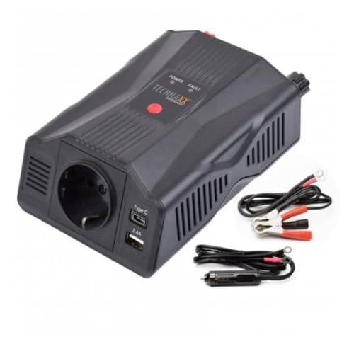 Technaxx KFZ Wechselrichter 12V auf 230V 300W / 600W – TÜV-zertifizierter Auto Spannungswandler mit 1x Schuko & 2x USB – Kompakter Inverter für Camping, Auto, Wohnmobil – TE24