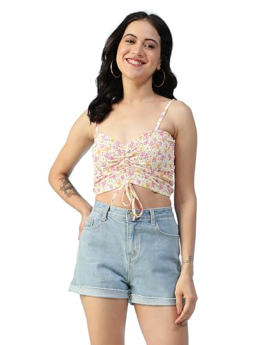Image of oxolloxo Women Satin Chiffon Print V-Neck Smocked Shoulder Strap Sleeveless Tie-Up Detail Crop Top