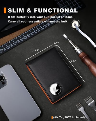 Men's RFID Blocking Bifold Wallet Genuine Leather with AirTag Holder Cash Slots ID Window & Slim Design (Black&Orange)3