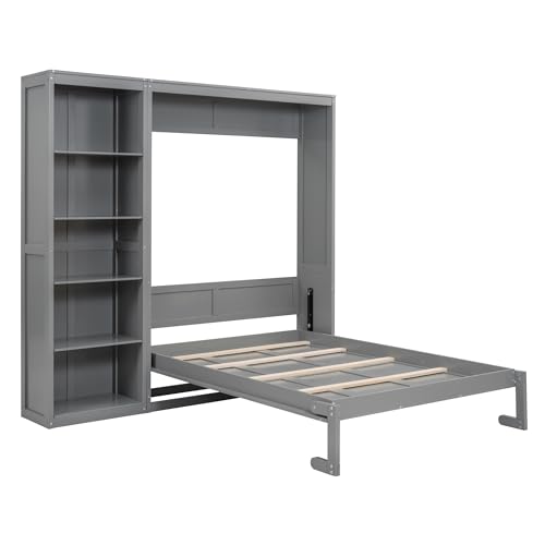 Image of Merax Space-Saving Gray Murphy Bed Full Size with Adjustable Storage Shelves, Multifunctional Foldable Wall Bed for Small Spaces Studio Study Office Guest Room