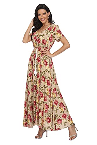 Image of VintageClothing Women's Floral Maxi Dresses Boho Button Up Split Summer Casual Long Dress Beach Party Dress