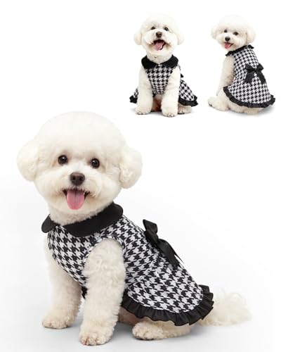 Image of CuteBone Vintage Houndstooth Pet Dress with Peter Pan Collar - Classic Black & White Pattern - Sleeveless Ruffled Skirt with Bow for Small Dogs, Cats - Elegant Daily & Party Wear