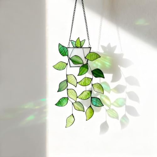 Rswardeleco Plant Stained Glass,Green Plants Artificial Decor,Stained Glass Window Hanging,Faux Plant Suncatchers Decoration Plant Gift for Plant Lovers. (Flower Basket), Transparent, ZWT2008