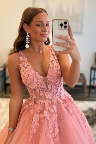 Dymaisei Lace Appliques Prom Dresses Long Floral V Neck Tulle Formal Dress A Line Backless Evening Gowns4