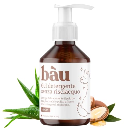 Bau Shampoo Secco per Cani, Gel Detergente Senza Risciacquo, Igienizzante e Idratante, Gel Detergente per Cani Senza Parabeni e Siliconi, Naturale e Bio con Aloe Vera - Argan, 250 ml