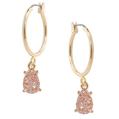 Humble Chic Simulated Druzy Hoop Earrings - Boho Teardrop Created Geode Stone Charm Dangle Drop Threader Loops for Women - Bohemian Sparkly Pendants, Rose Gold-Tone Stone, Metallic Pink