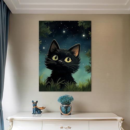 Art Mural Chat Noir Toile Prête à Suspendre Évite Murs Vides