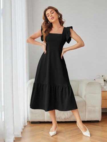 Image of Shasmi Girl's & Women's Solid Color Square Neck, Ruffle-Trimmed Hem Sleeveless, Ruffle Armhole and Casual Dress with Cinched Waist Vacation Outfits Woman (Dress 162)