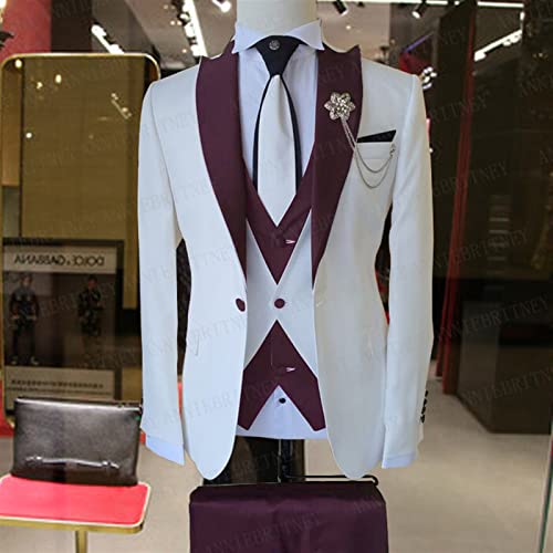 XYBB Anzug Männer DREI Stücke Bräutigam Hochzeit Männer Anzug Set Designs Weiß Geschäftsjacke Weste Royal Blue Hose Kleid Tuxedo (Color : Dark Burgundy, Size : 4XL (EU 58A)) Cover