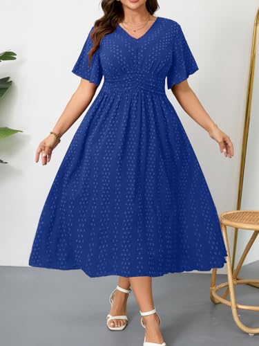Image of RWJ Women's Plus Size Maxi Dress V Neck Short Sleeve Swiss Dot A Line High Waist Boho Swing Casual Summer Dresses