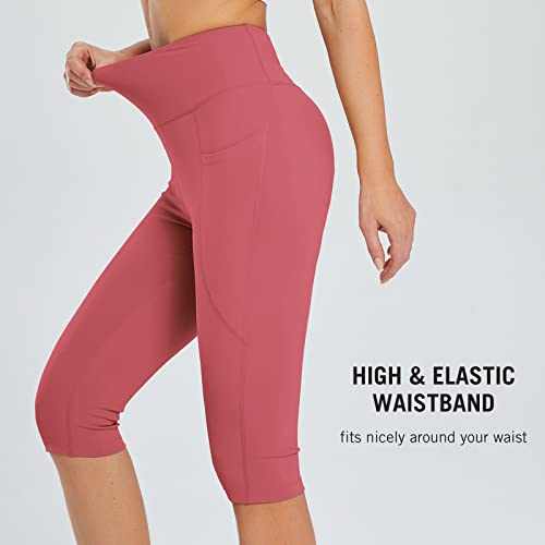 Baleaf Women's Capris Casual Summer Knee Length Leggings High Waisted Petite Yoga Casual Workout Exercise Capris With Pockets Rose Wine L #TOP2