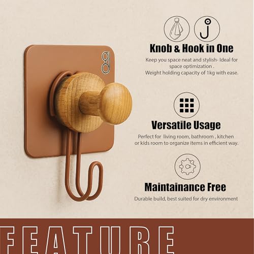 Image of goodys 4 Pcs Self Adhesive Wall Hooks - Reddish Brown Aluminum | Heavy Duty Waterproof Hooks for Bathroom, Kitchen & Cloth Hanging | No Drill Installation