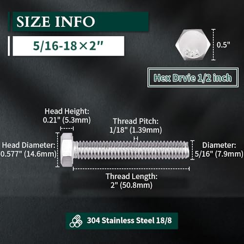 Image of 5 /16-18 x 2 inch Hex Head Bolts Screws, 304 Stainless Steel 18-8, Fully Threaded, Hexagon Head Cap Bolts Screws, Coarse Thread UNC, 20 PCS