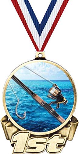 Fishing First Place Medal, 3" Gold Fishing Rod Fish Trophy Medal Award Prime