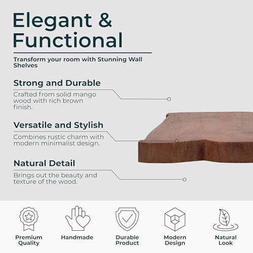 Set of 3 Solid Mango Wood Decorative Wall Shelves – Home Decor Floating Display Shelf with Iron Bracket – Modern Wall Shelves for Office, Bedroom & Living Room – 10", 14" & 18" - Image 6