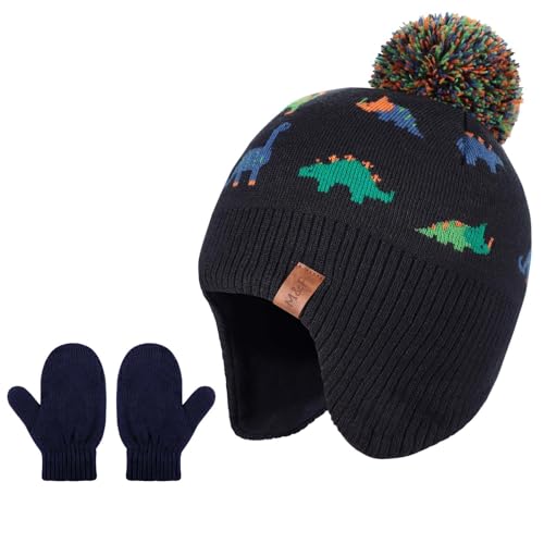 Winter Hat and Mitten Scarf Set Upgrade Fleece Lined Knit Kids Hat with Earflap Beanie Warm Fleece Cap for Baby Kids Toddler