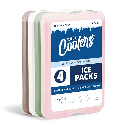 Cool Coolers by Fit & Fresh XL Slim Ice Packs, Quick Freeze Reusable Ice Packs for Lunch Boxes & Coolers, Long-Lasting, Space Saving Cooler Ice Packs, Multicolor, 4Pk
