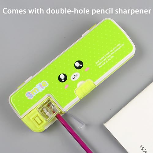 Image of Double Layer Pencil Case, Plastic Pencil Boxes with Pencil Sharpener, Cute Pen Box Organizer for Pencils, Erasers, Paper Clips, School Supplies, Best Birthday Gifts for Kids Teens(Green)