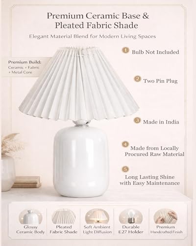 Image of Homesake Modern Small Ceramic Table Lamp, Classic Bedside Desk lamp for Living Room Bedroom, Farmhouse Nightstand Lamps Side Table Lamp Kids Room Glossy Dovel, White Pleated Shade