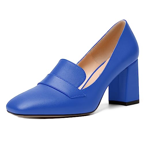 Image of MODENCOCO Womens Sexy Formal Matte Slip On Square Toe Work Block High Heel Loafers Shoes 3.5 Inch