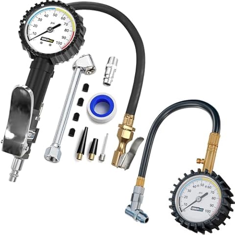 Tire Inflator with Pressure Gauge, Longer Hose and Tire Pressure Gauge — 100 PSI Cover