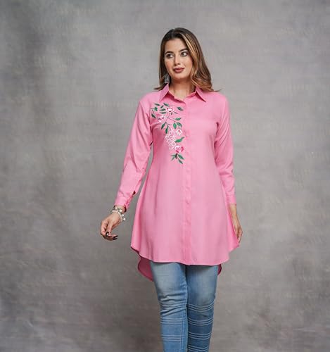 Image of Casual Full Sleeve Hand Embroidery Rayon Women's Long Shirt