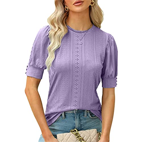 Womens Elegant Summer Tops V Neck Ruffle Sleeve Blouses Short Sleeve Round Neck Casual Tops T-Shirts (Medium,Purple)