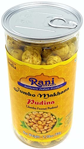 Image of Rani Jumbo Phool Makhana (Fox Nut /Popped Lotus Seed) Mint (Pudina) Savory Flavor 2.29oz (65g) Vacuum Sealed, Easy Open Top, Resealable Container ~ Indian Tasty Treats | Vegan | NON-GMO | Indian Origin