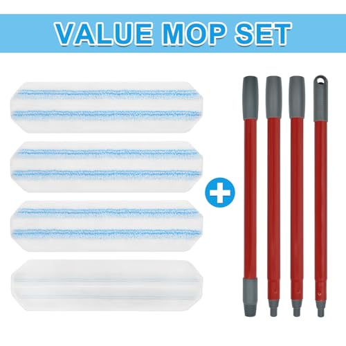 Image of Mop Replacement Pads for Ocedar H2prO Flat Mop System, Mop Handle Mop Refills for O-Cedar H2pro Flat Mop System, Include 4 Pack Mop Pads and 4-Section Mop Handle for Ocedar H2 Pro Mop