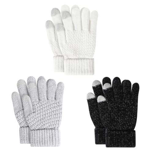 TAGVO 3 Pares de Guantes Cálidos de invierno para Niños de 3 a 8 Años, Guantes de lana tejidos a mano Guantes Termicos de Punto con Forro Polar Guantes Táctiles para Niños y Niñas