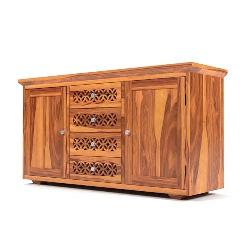 Image of Solid Sheesham Wood Wooden Sideboard Storage Cabinet & Chest of Drawer : Ideal for Living Room and Bedroom with 4 Drawers and 2-Shelf Storage (Cambrey, Honey Finish)