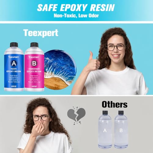 Image of Teexpert Epoxy Resin Crystal Clear: 64OZ Epoxy Resin kit Fast Curing Heat Resistant for Casting Coating Art DIY Craft Jewelry Wood Table Top Flower Preservation- 2 Part(32OZ Resin and 32OZ Hardener)