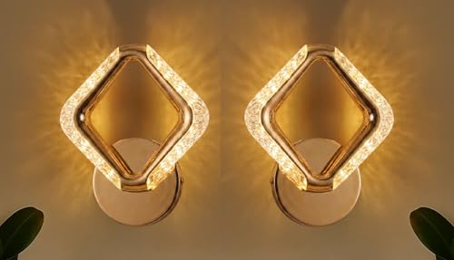 Image of Groeien Pack of 2 | 10W | 3 Color Modern LED Diamond Shape Crystal Wall Sconce Gold Wall Light for Bedroom Living Room Corridor Lighting Fixtures Wall Mount(Diamond Crystal-Golden, 2)
